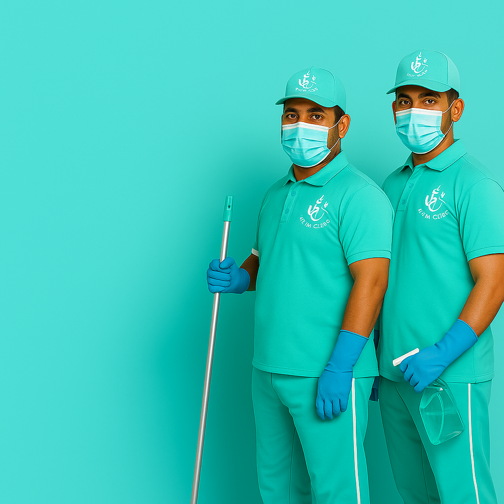 عاملين تنظيف يرتدون الزي الرسمي مع أدوات تنظيف في الكويت