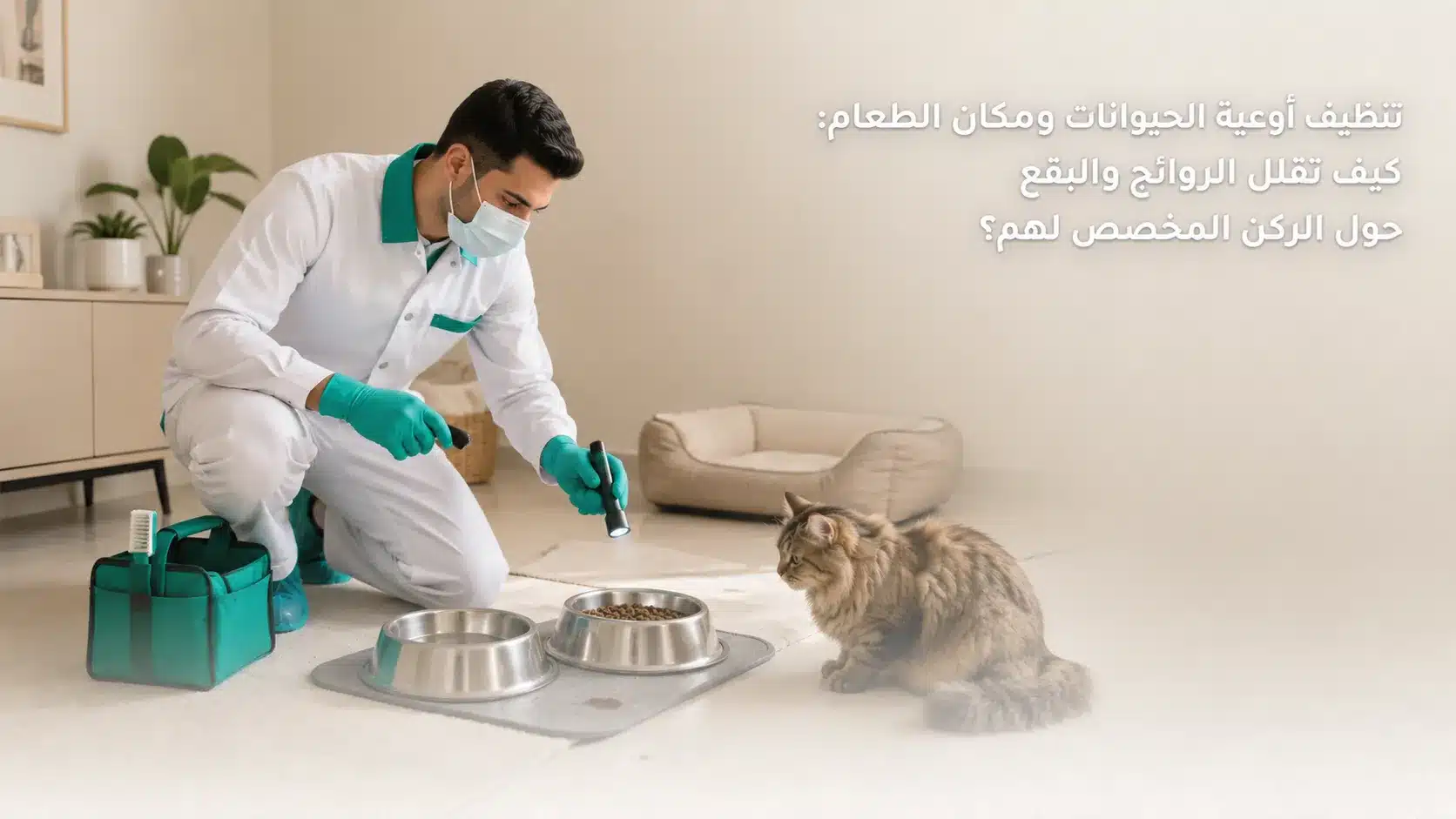 تنظيف أوعية الحيوانات ومكان الطعام داخل المنزل