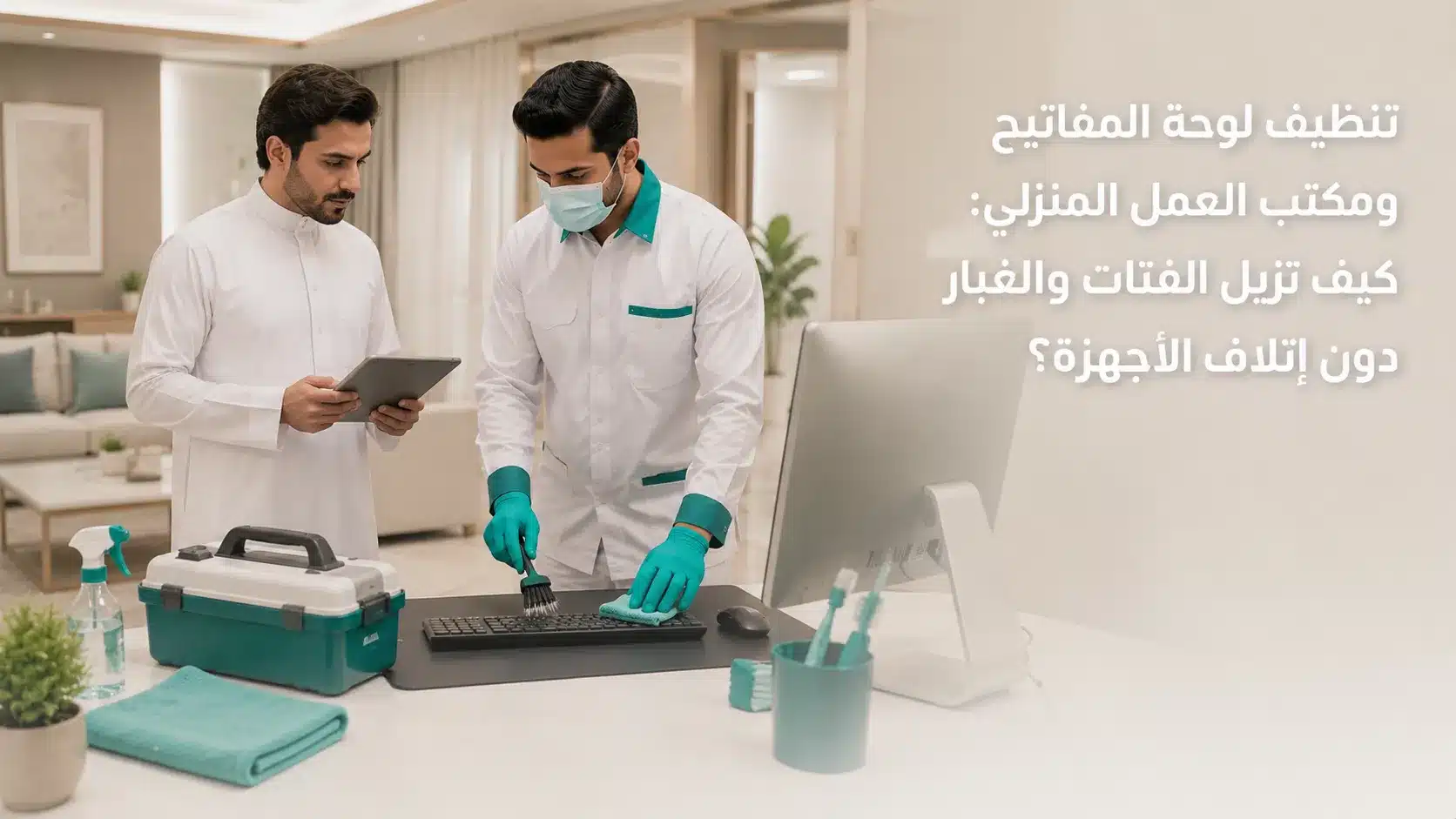 تنظيف لوحة المفاتيح ومكتب العمل المنزلي من الغبار والفتات