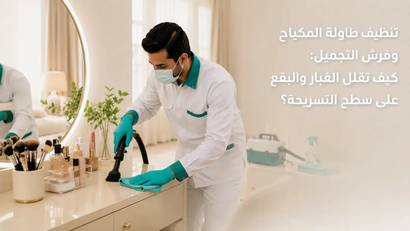 تنظيف طاولة المكياج وفرش التجميل من الغبار وبقايا المستحضرات