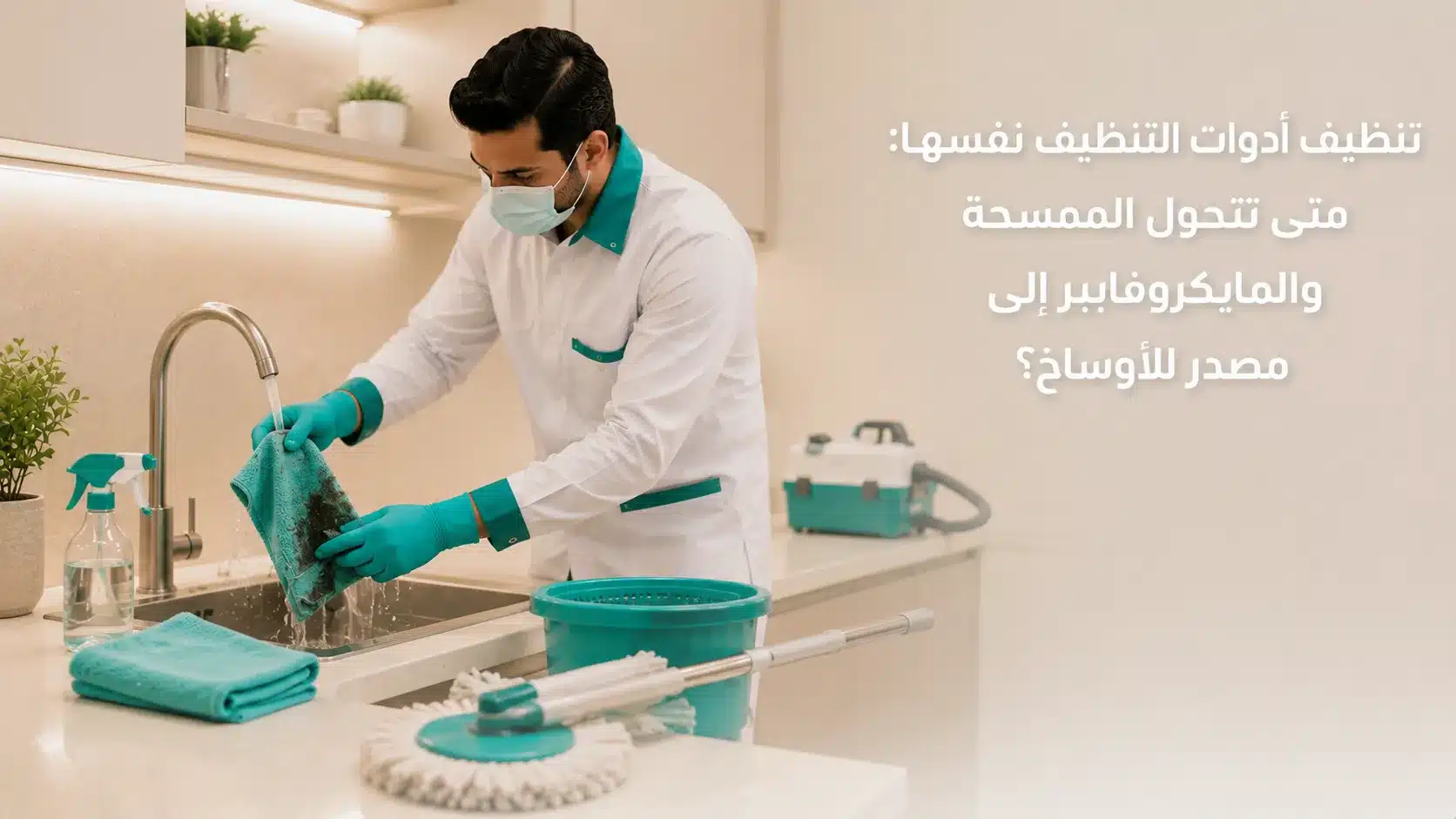 تنظيف أدوات التنظيف مثل الممسحة والمايكروفايبر والدلو