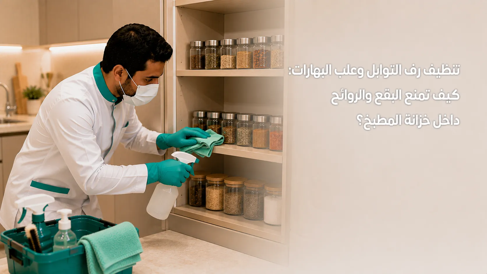 تنظيف رف التوابل وعلب البهارات داخل خزانة المطبخ