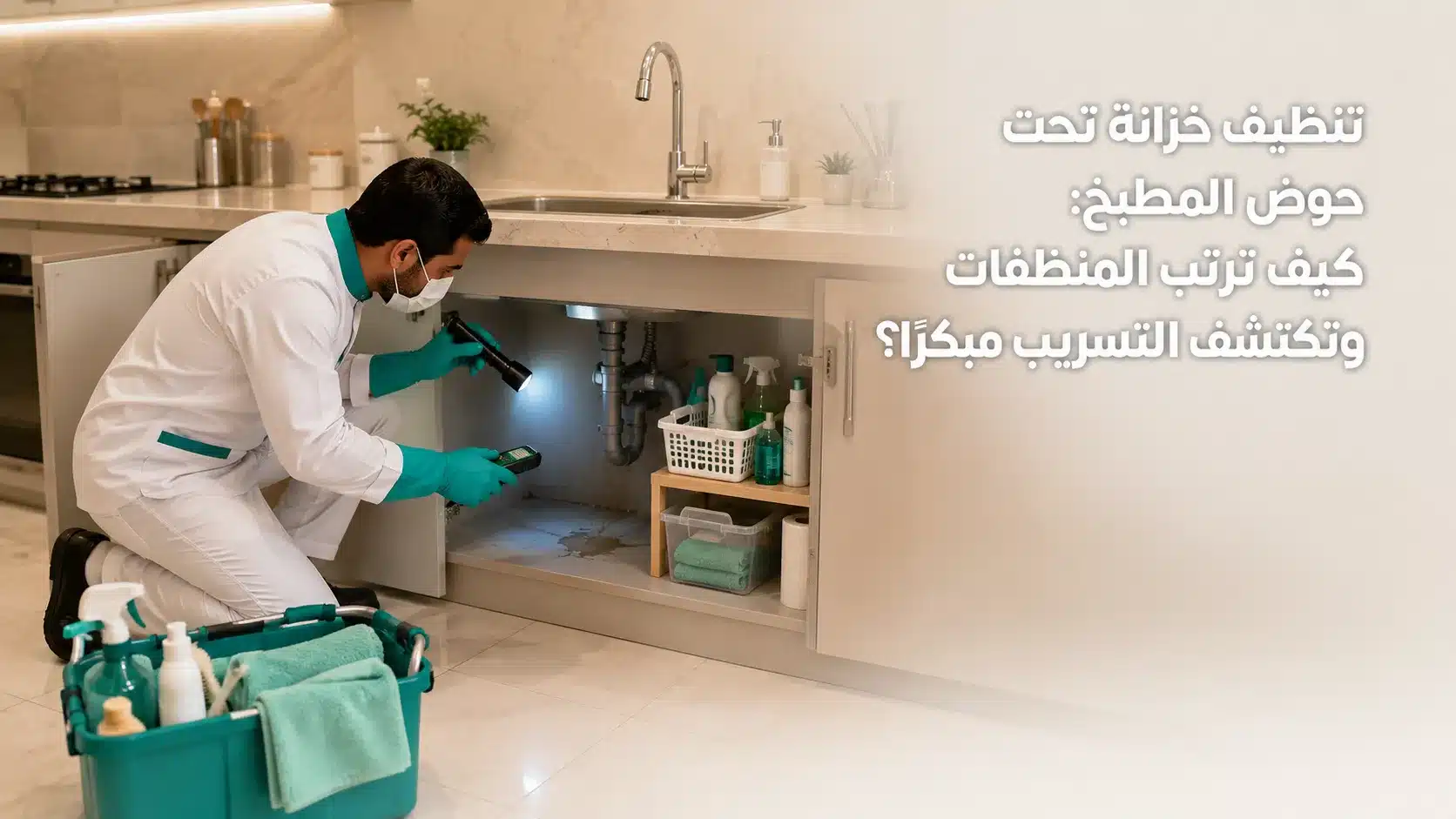 تنظيف خزانة تحت حوض المطبخ وترتيب المنظفات بأمان