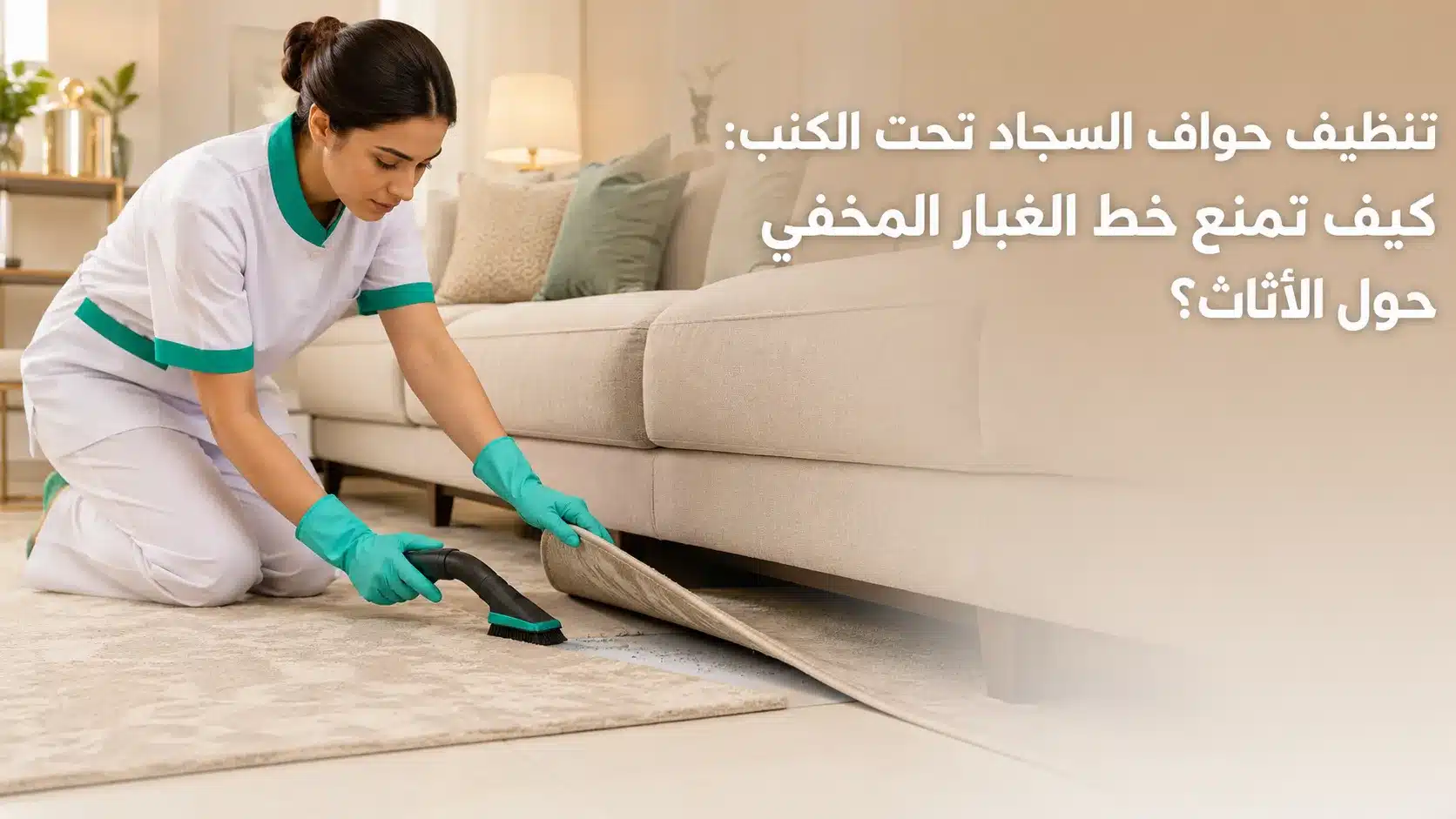 تنظيف حواف السجاد تحت الكنب من الغبار المخفي حول الأثاث