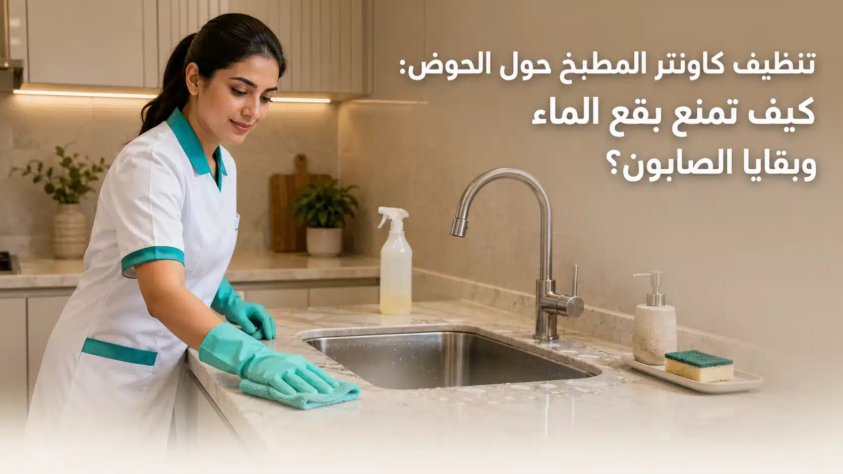تنظيف كاونتر المطبخ حول الحوض من بقع الماء وبقايا الصابون