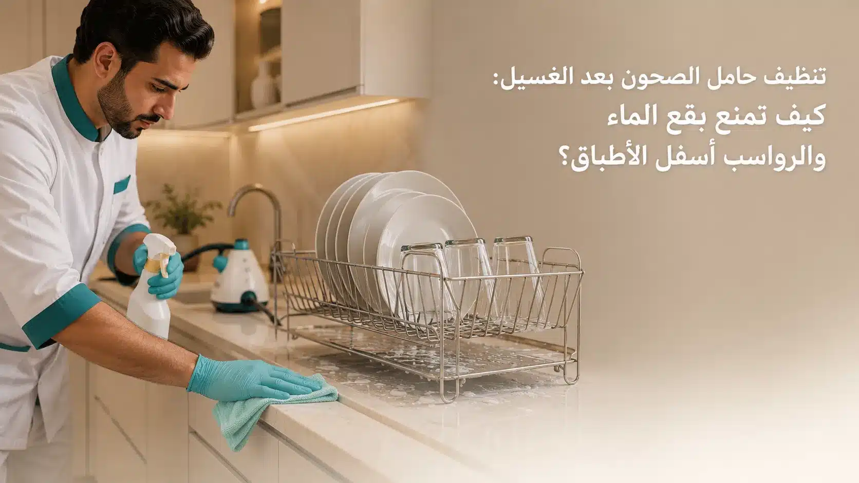 تنظيف حامل الصحون من بقع الماء والرواسب بعد غسل الأطباق