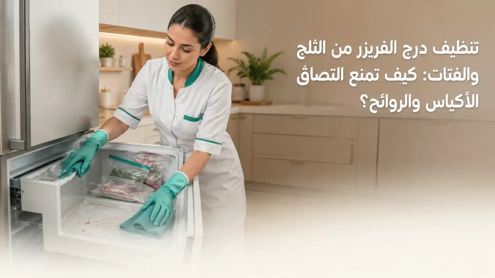 تنظيف درج الفريزر من الثلج والفتات والأكياس الملتصقة