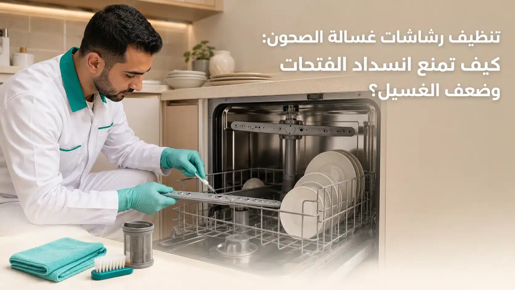 تنظيف رشاشات غسالة الصحون من الترسبات والفتات داخل الفتحات