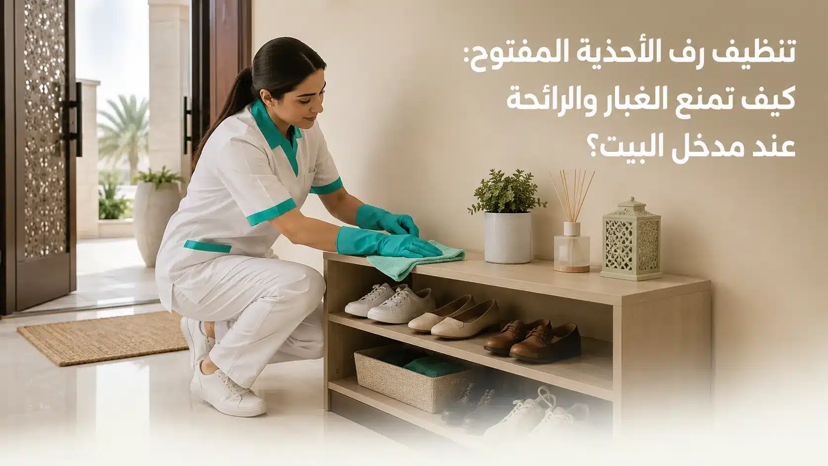تنظيف رف الأحذية المفتوح من الغبار والرائحة عند مدخل البيت