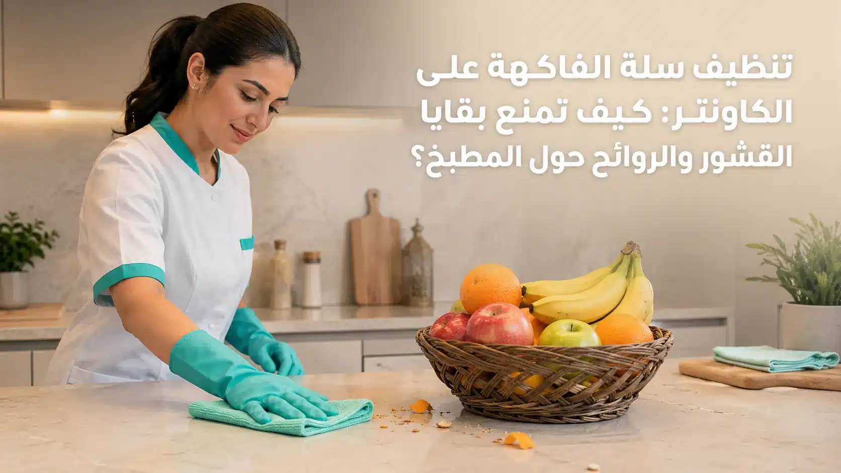 تنظيف سلة الفاكهة على كاونتر المطبخ من بقايا القشور والفتات