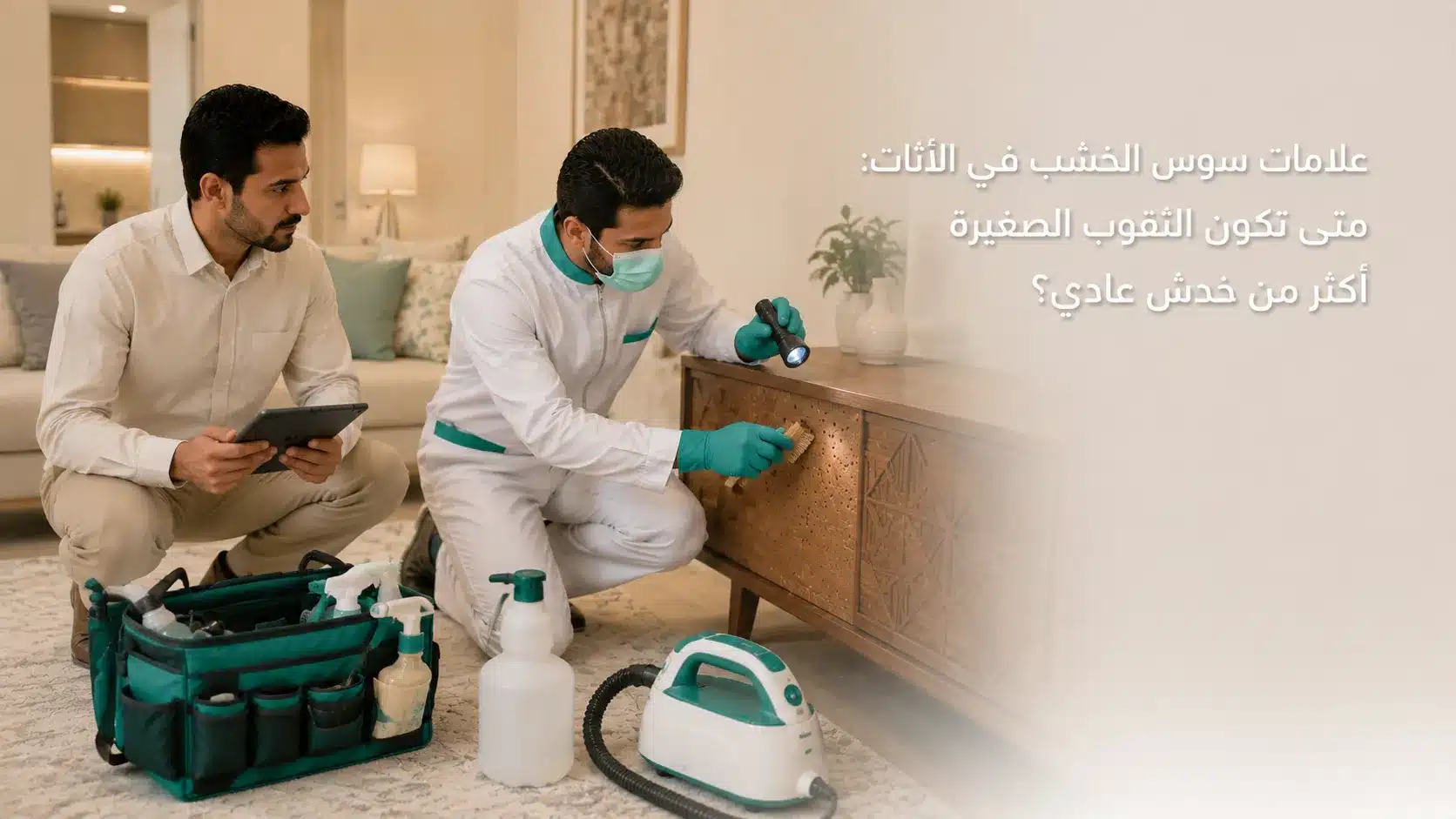علامات سوس الخشب في الأثاث مثل الثقوب والغبار الخشبي