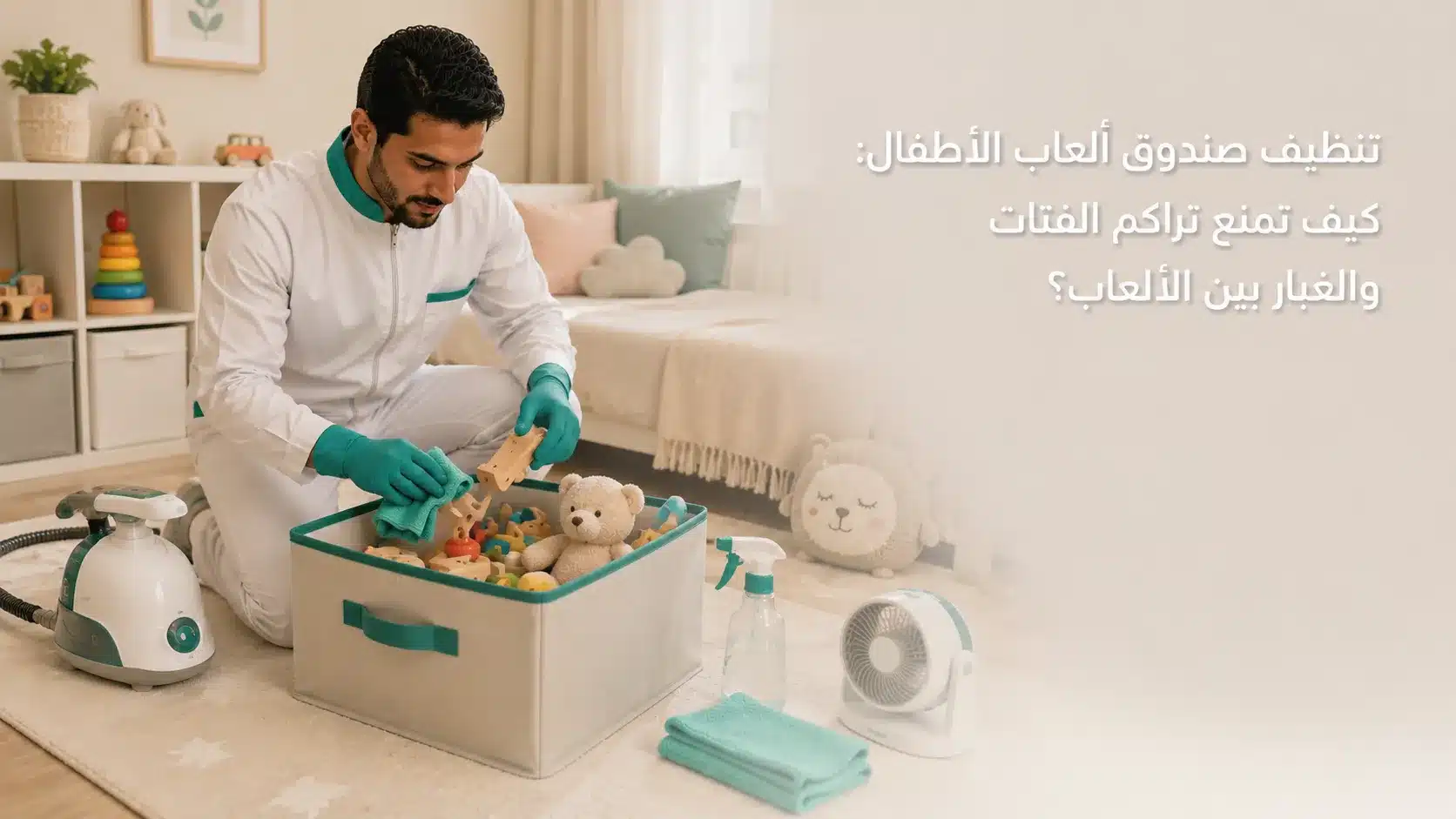 تنظيف صندوق ألعاب الأطفال من الفتات والغبار وتنظيم الألعاب