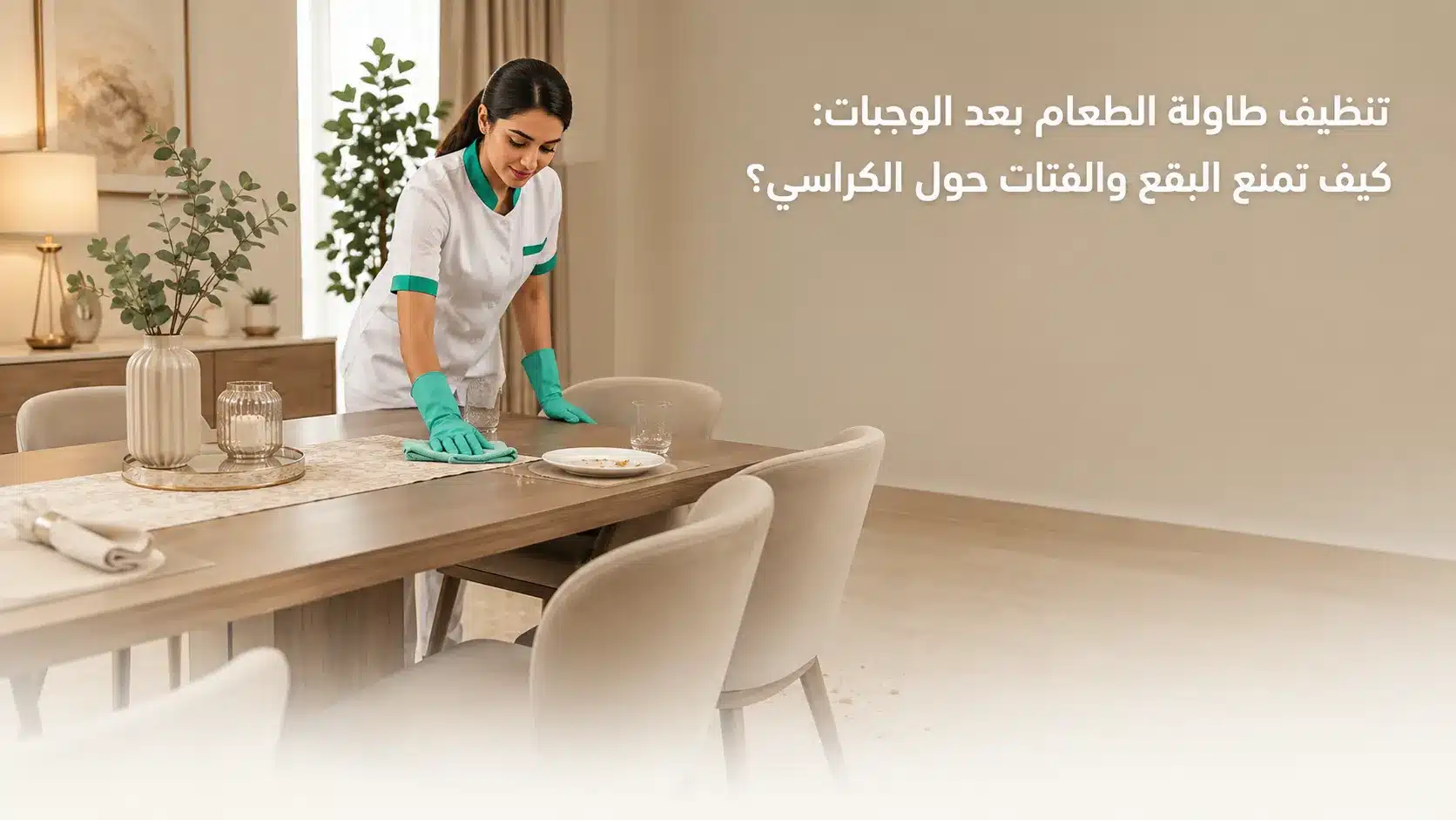 تنظيف طاولة الطعام بعد الوجبات من البقع والفتات حول الكراسي