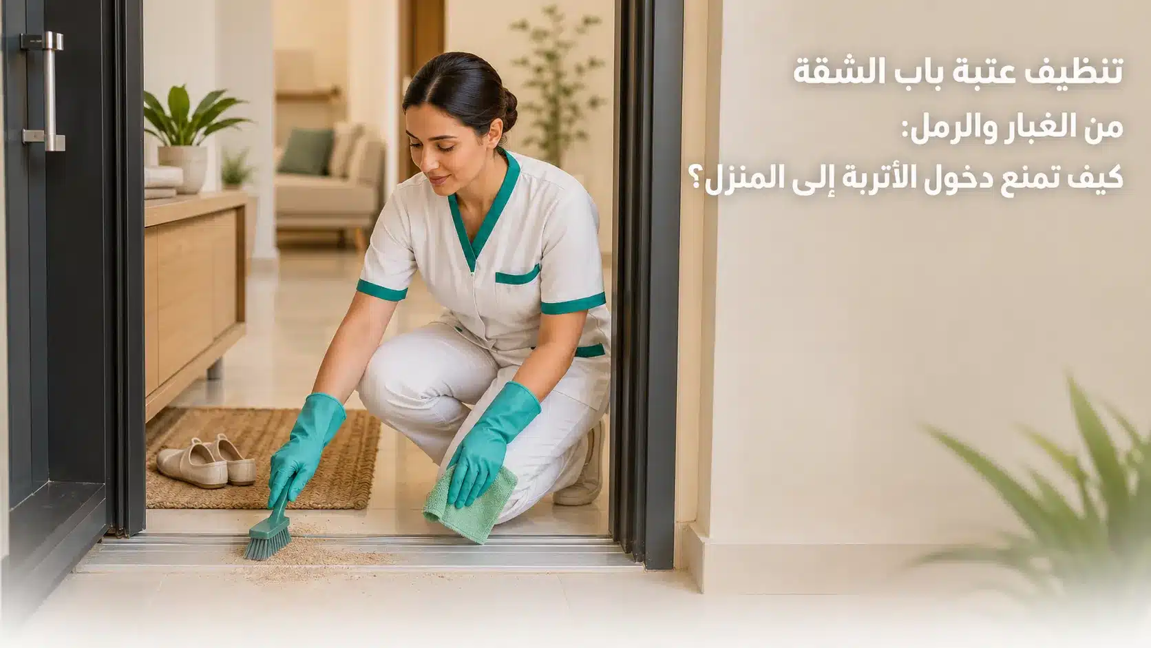 تنظيف عتبة الباب من الغبار والرمل عند مدخل الشقة