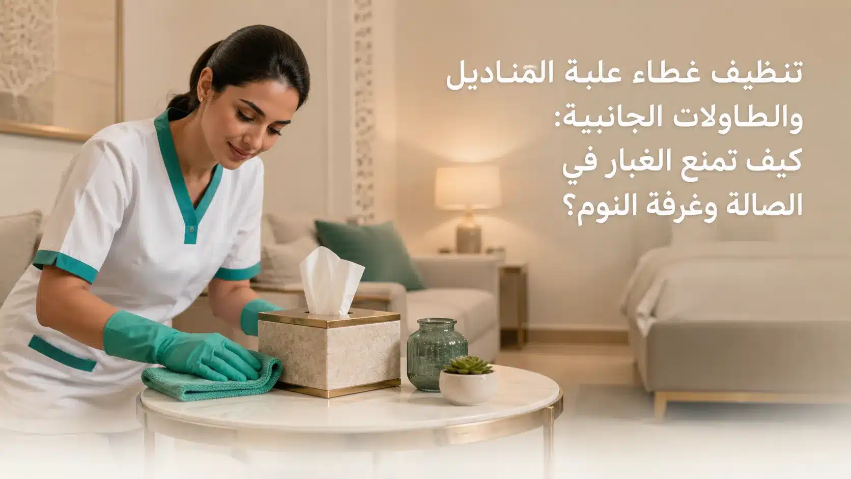 تنظيف علبة المناديل والطاولات الجانبية من الغبار في الصالة