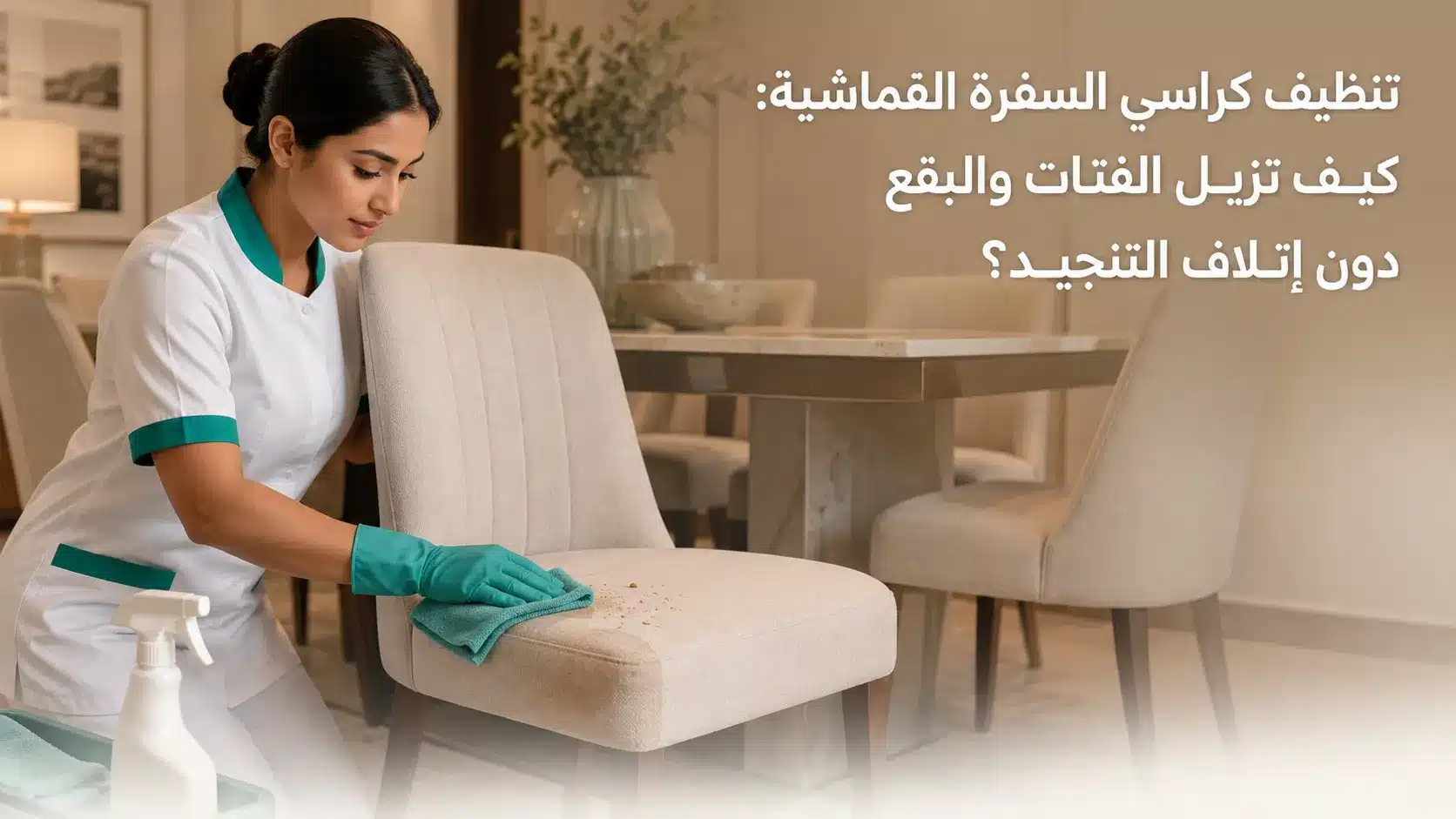 تنظيف كراسي السفرة القماشية من الفتات والبقع حول طاولة الطعام