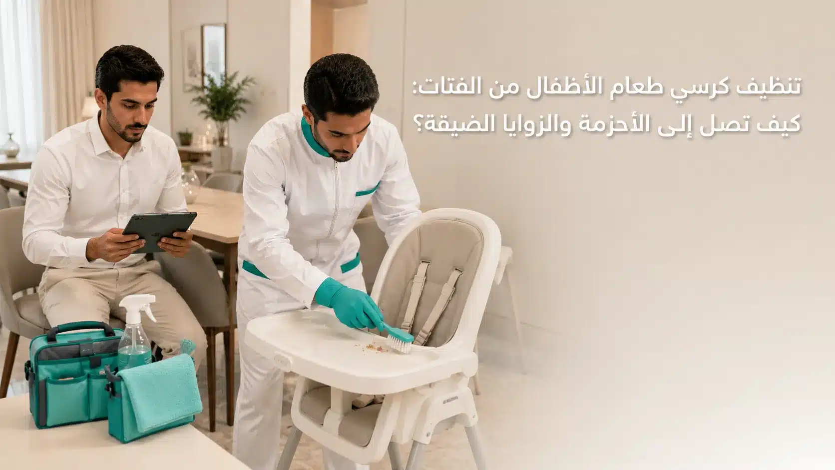 تنظيف كرسي طعام الأطفال من الفتات حول الصينية والأحزمة