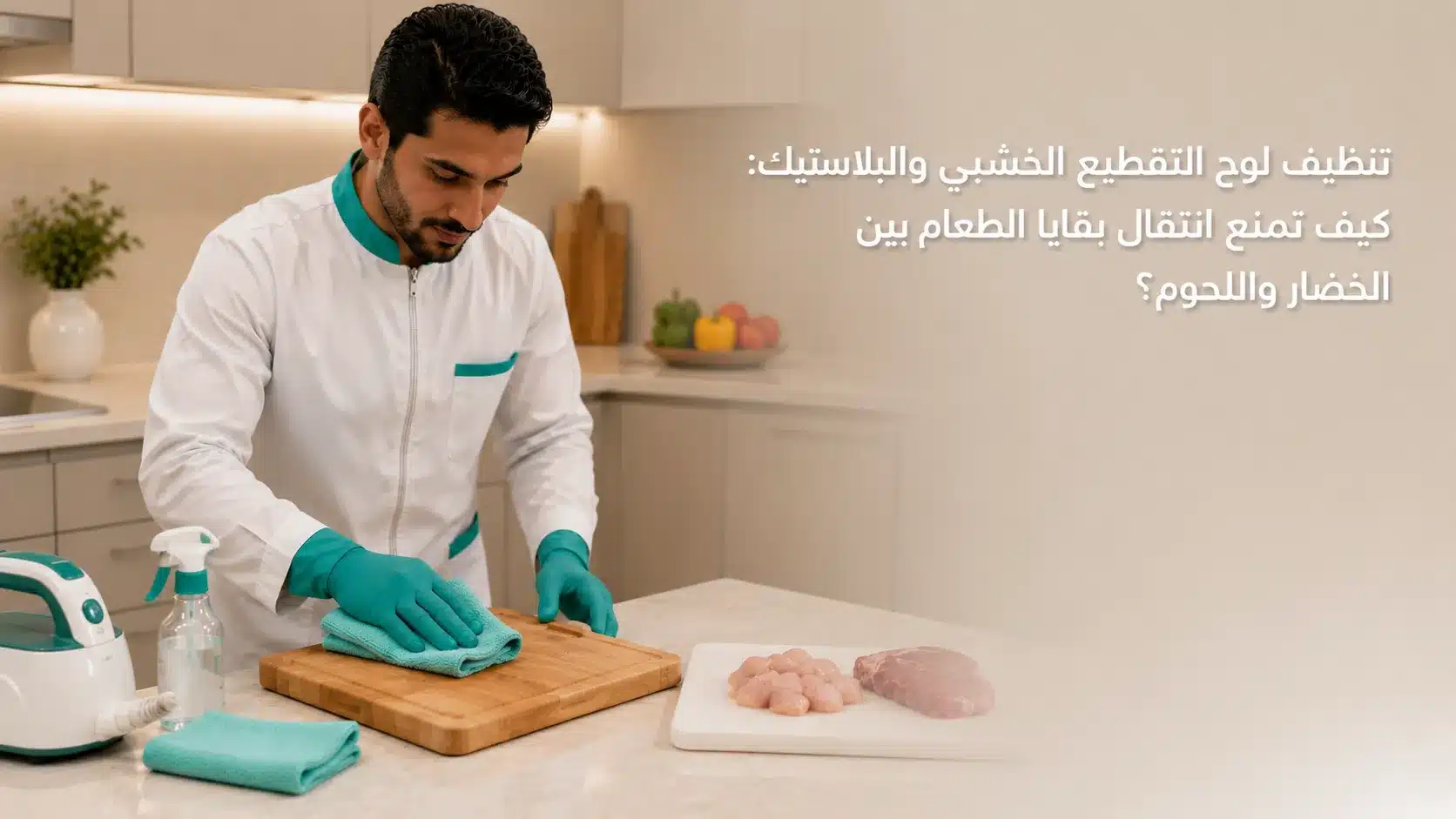 تنظيف لوح التقطيع الخشبي والبلاستيك بعد استخدامه في المطبخ