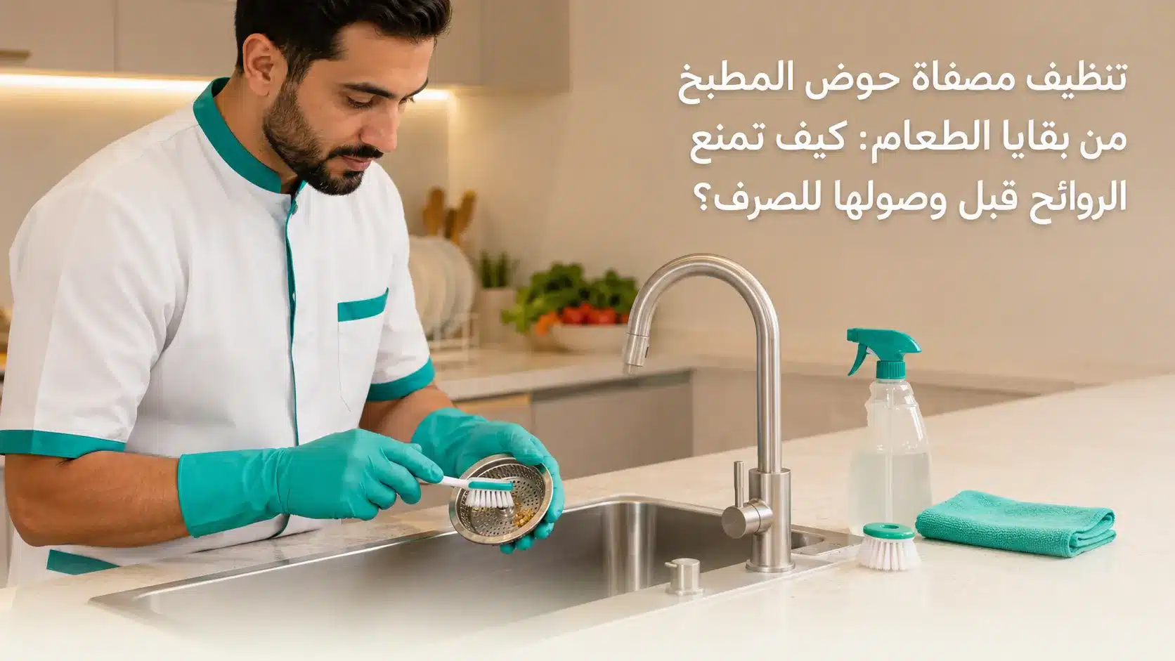 تنظيف مصفاة حوض المطبخ من بقايا الطعام والروائح قبل الصرف