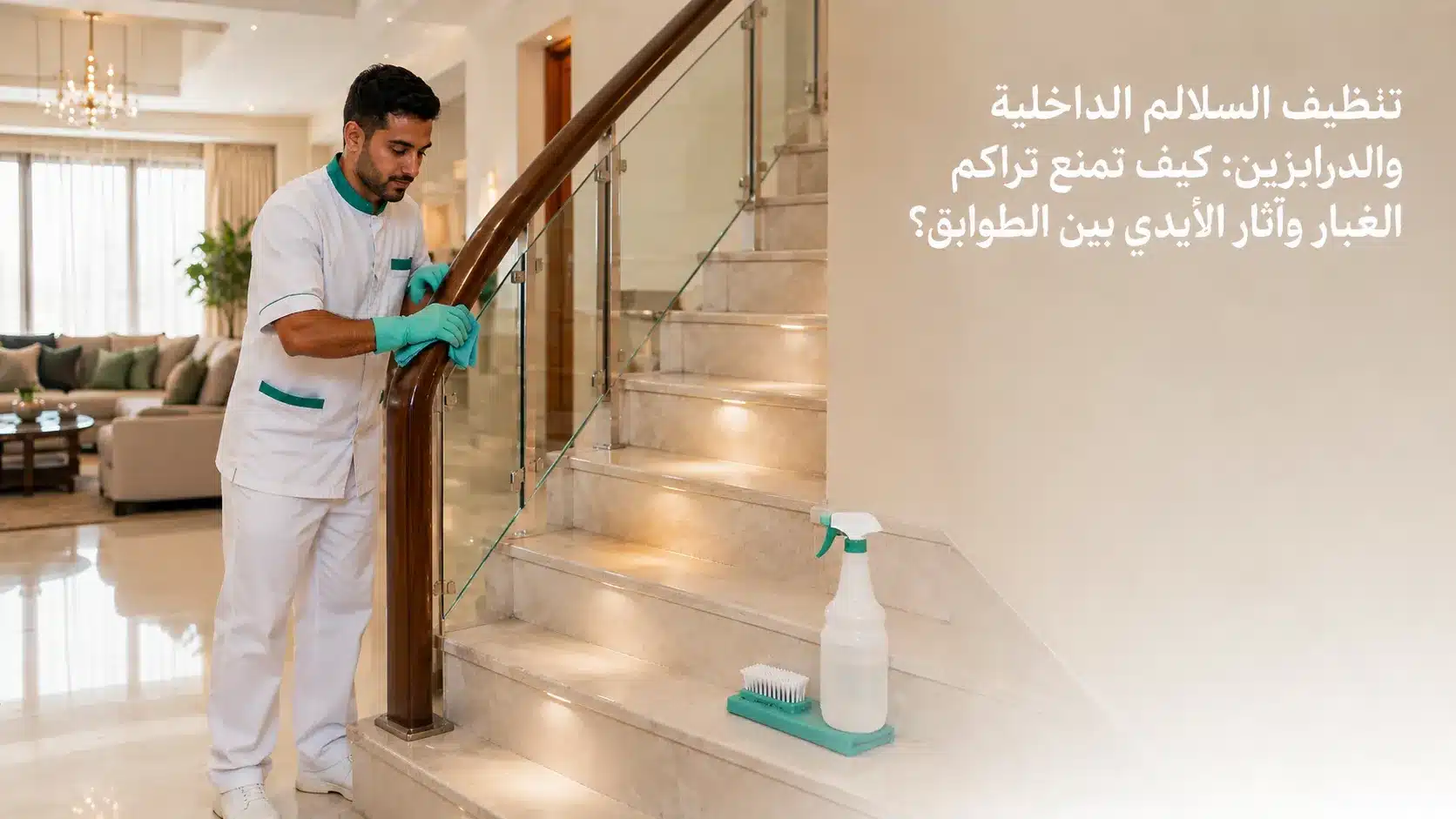تنظيف السلالم الداخلية والدرابزين داخل منزل متعدد الطوابق في الكويت
