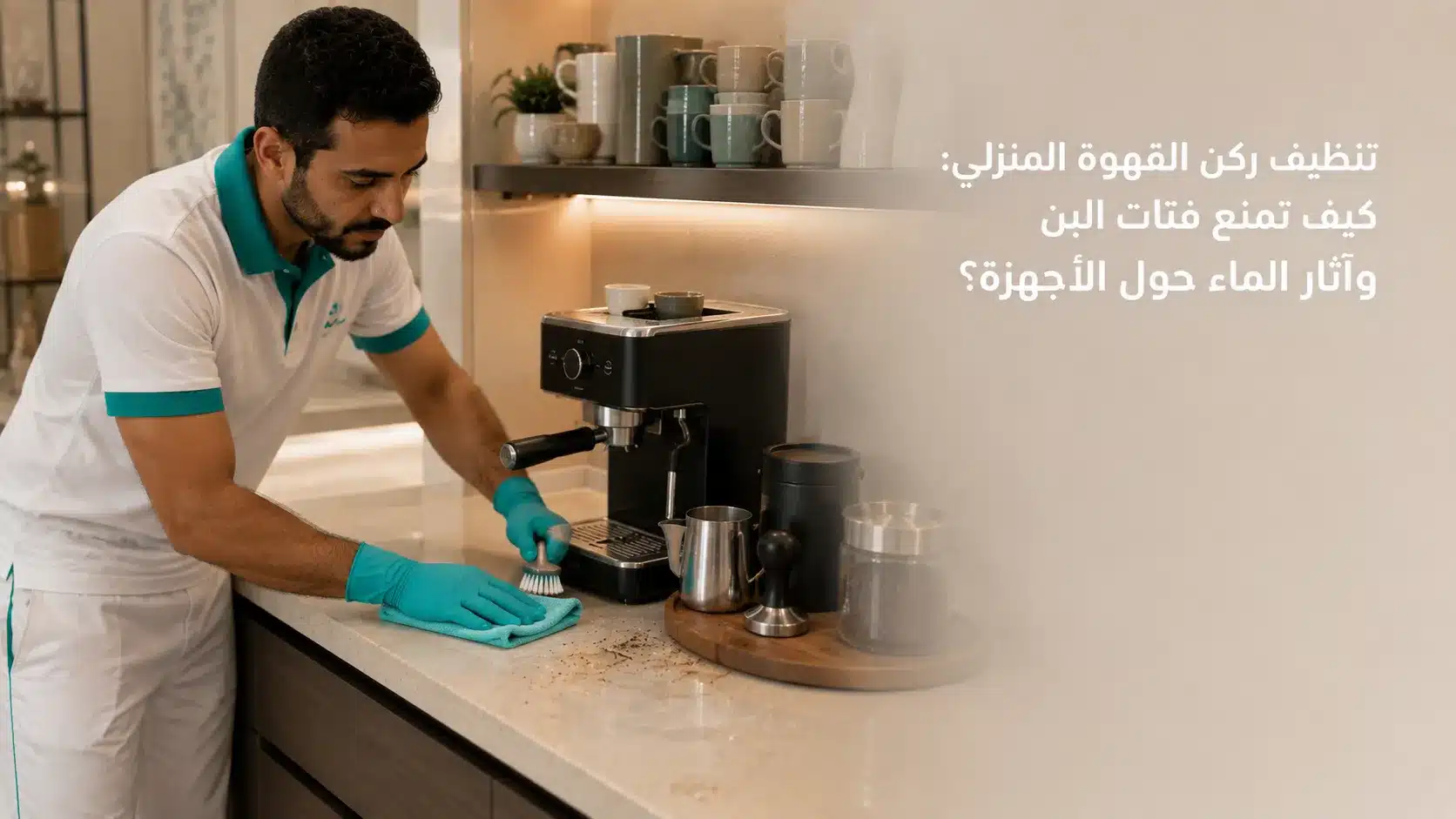 تنظيف ركن القهوة المنزلي من فتات البن وآثار الماء حول ماكينة القهوة