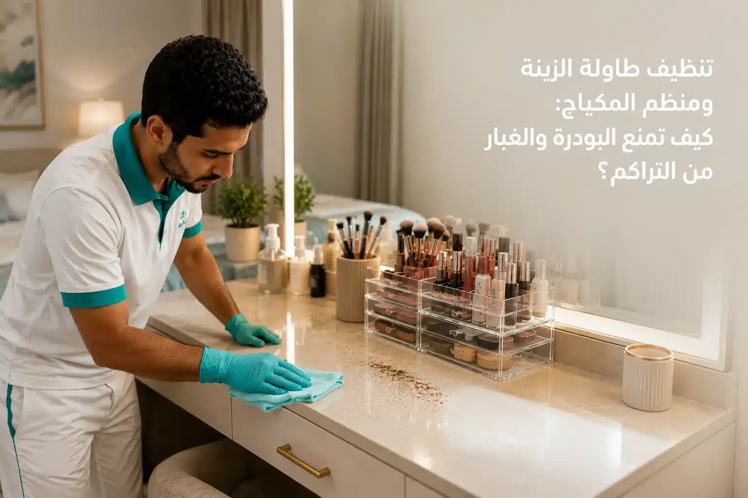 تنظيف طاولة الزينة من الغبار والبودرة مع ترتيب منظم المكياج