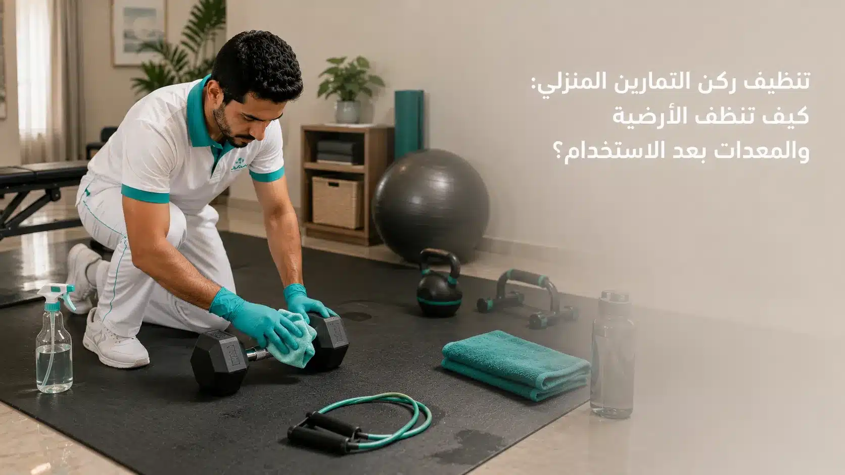تنظيف ركن التمارين المنزلي والأرضية والمعدات بعد الاستخدام