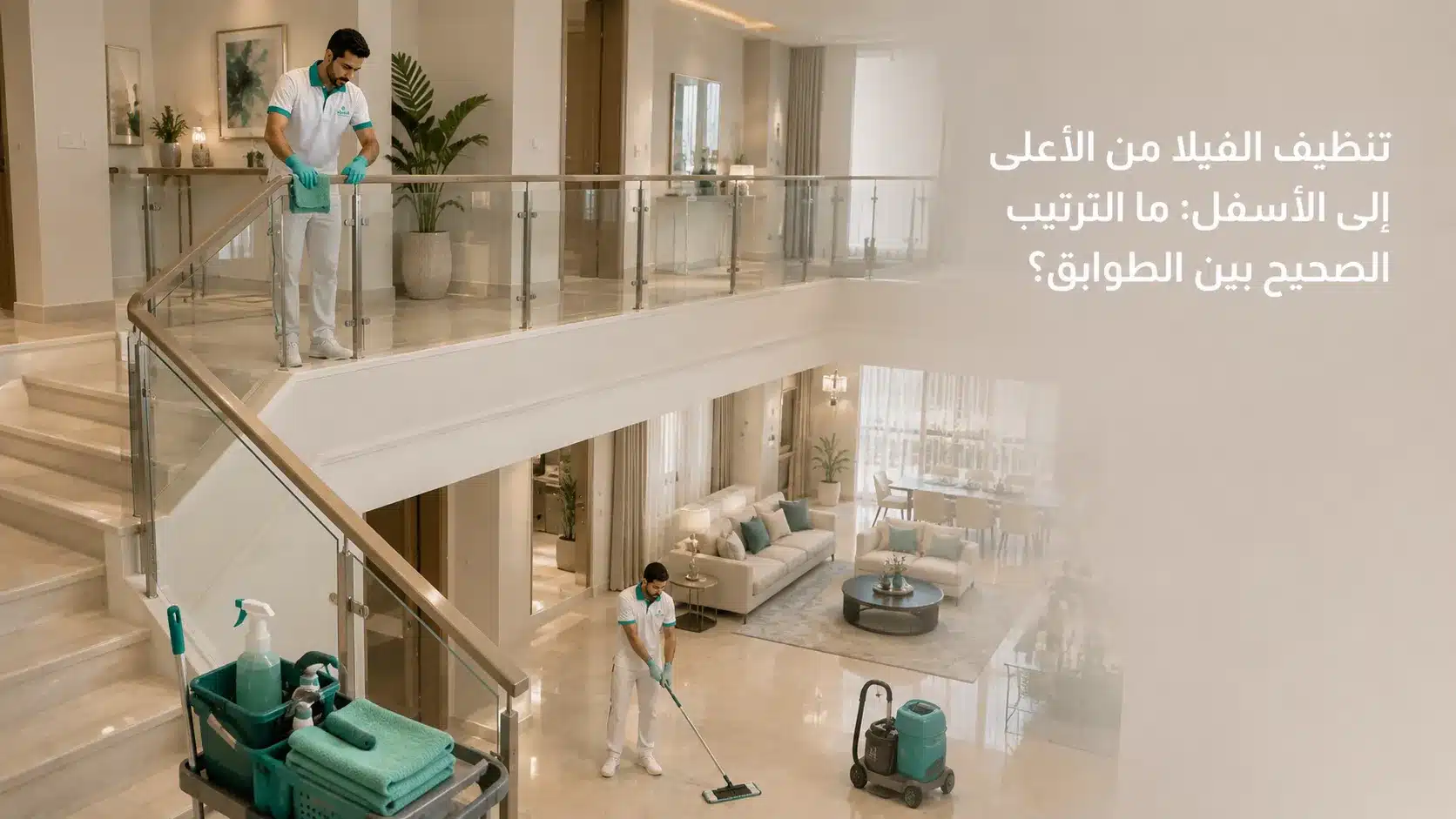 تنظيف الفيلا من الأعلى إلى الأسفل مع ترتيب العمل بين الطوابق والسلالم