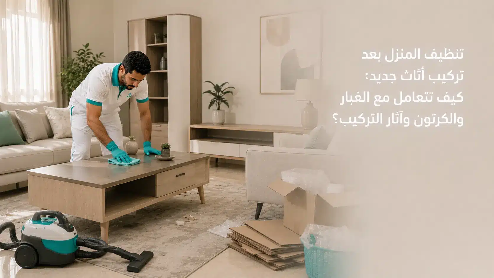 تنظيف المنزل بعد تركيب أثاث جديد وإزالة الكرتون وغبار التركيب