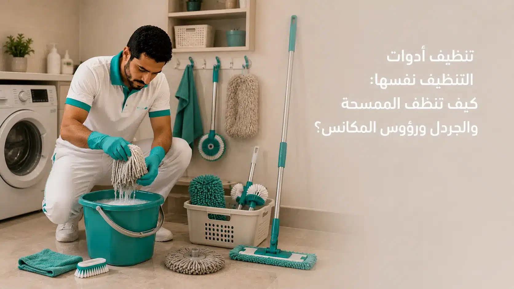 تنظيف أدوات التنظيف مثل الممسحة والجردل ورأس المكنسة بعد الاستخدام