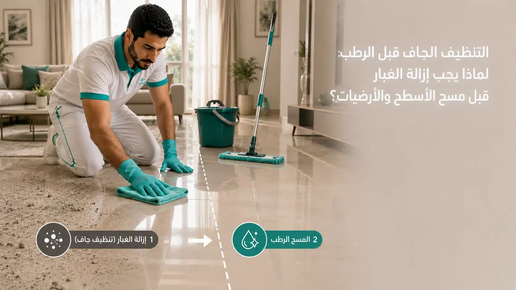التنظيف الجاف قبل الرطب مع إزالة الغبار قبل مسح الأرضيات والأسطح