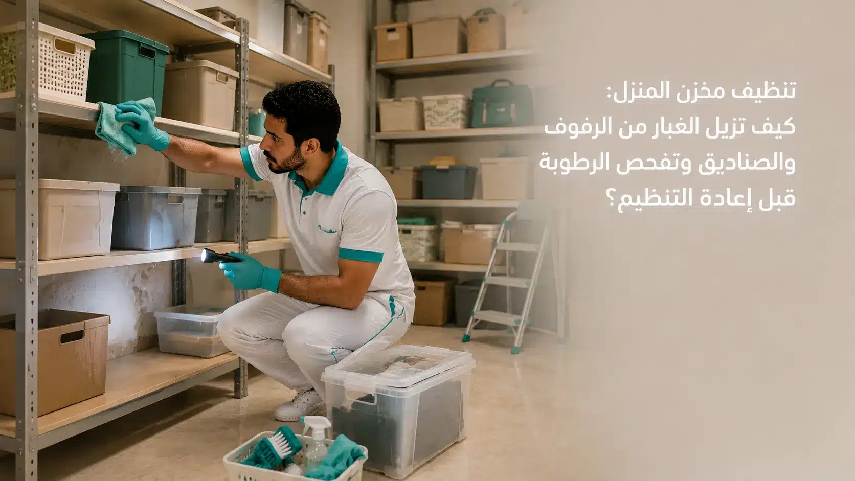 تنظيف مخزن المنزل وإزالة الغبار من الرفوف والصناديق قبل إعادة التنظيم