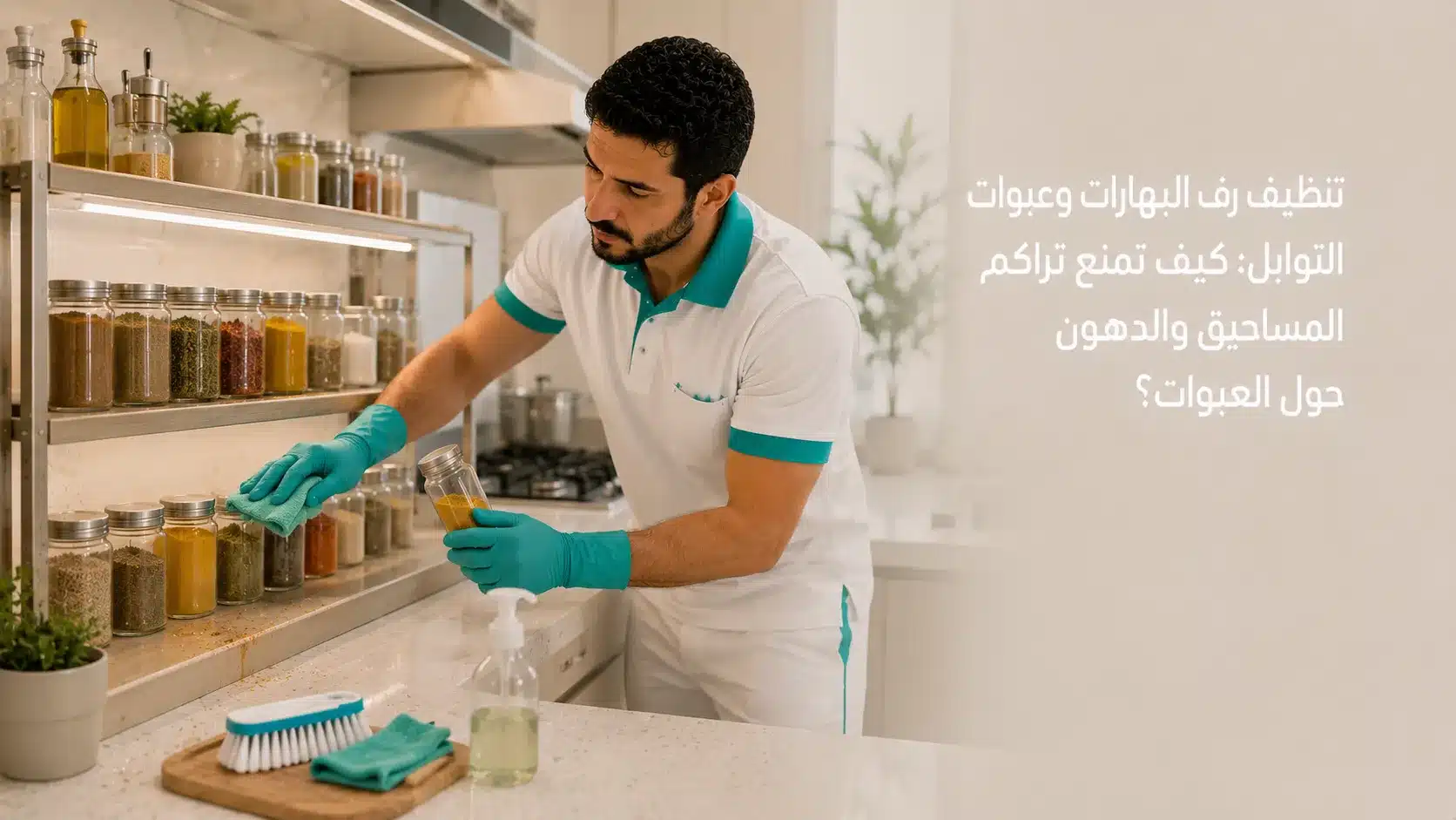 تنظيف رف البهارات وإزالة المساحيق والدهون حول عبوات التوابل
