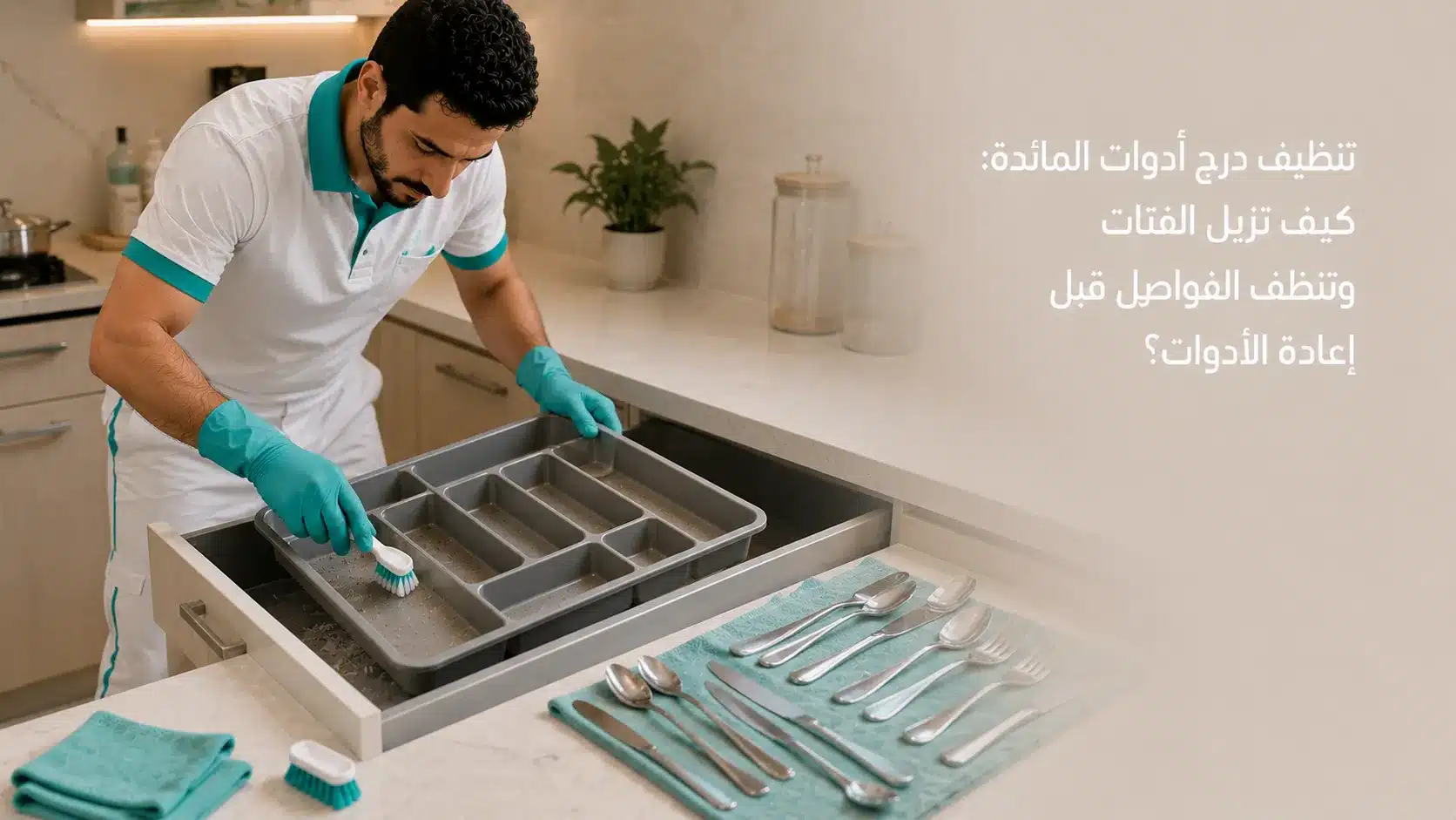 تنظيف درج أدوات المائدة وإزالة الفتات من منظم الملاعق والشوك