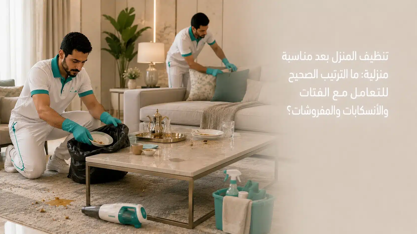 تنظيف المنزل بعد مناسبة منزلية مع جمع الفتات وتنظيف الطاولات والمفروشات