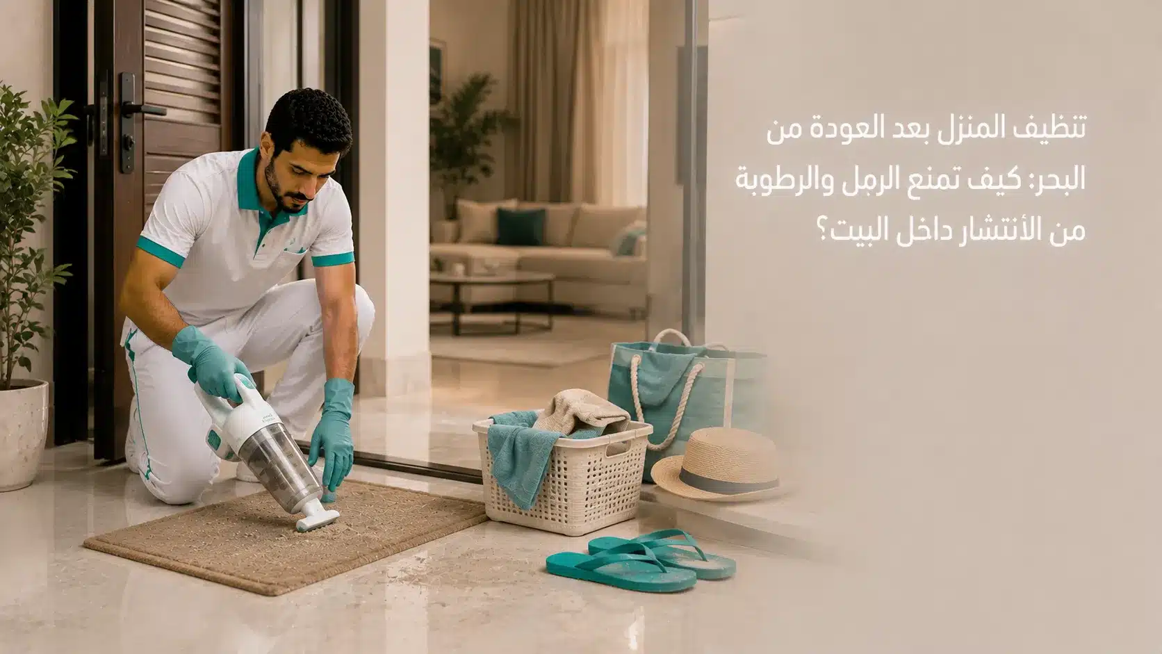 تنظيف المنزل بعد العودة من البحر وإزالة الرمل وتجفيف المناشف والأغراض المبللة