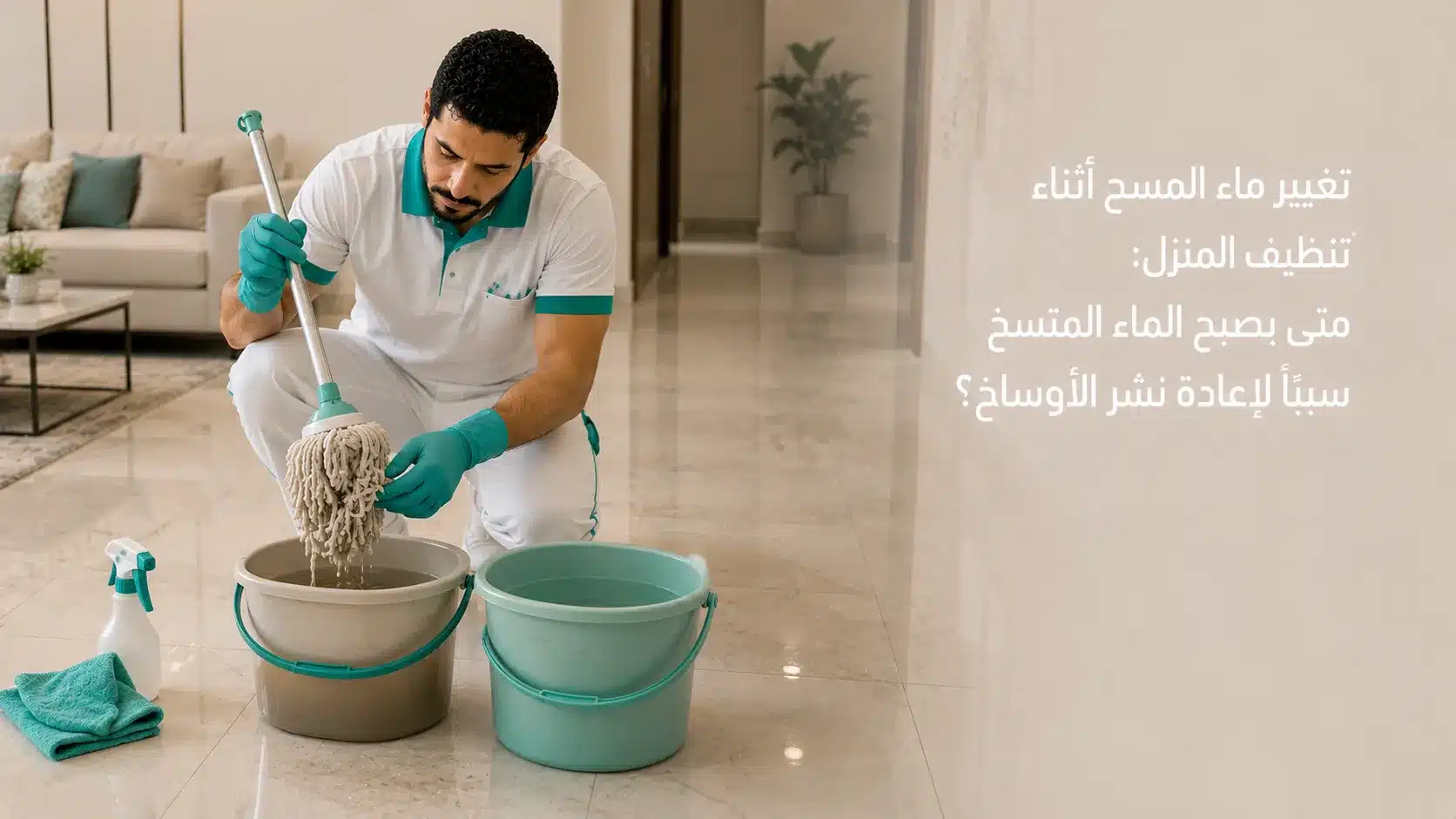 تغيير ماء المسح أثناء تنظيف المنزل عند اتساخ ماء الدلو أثناء تنظيف الأرضيات