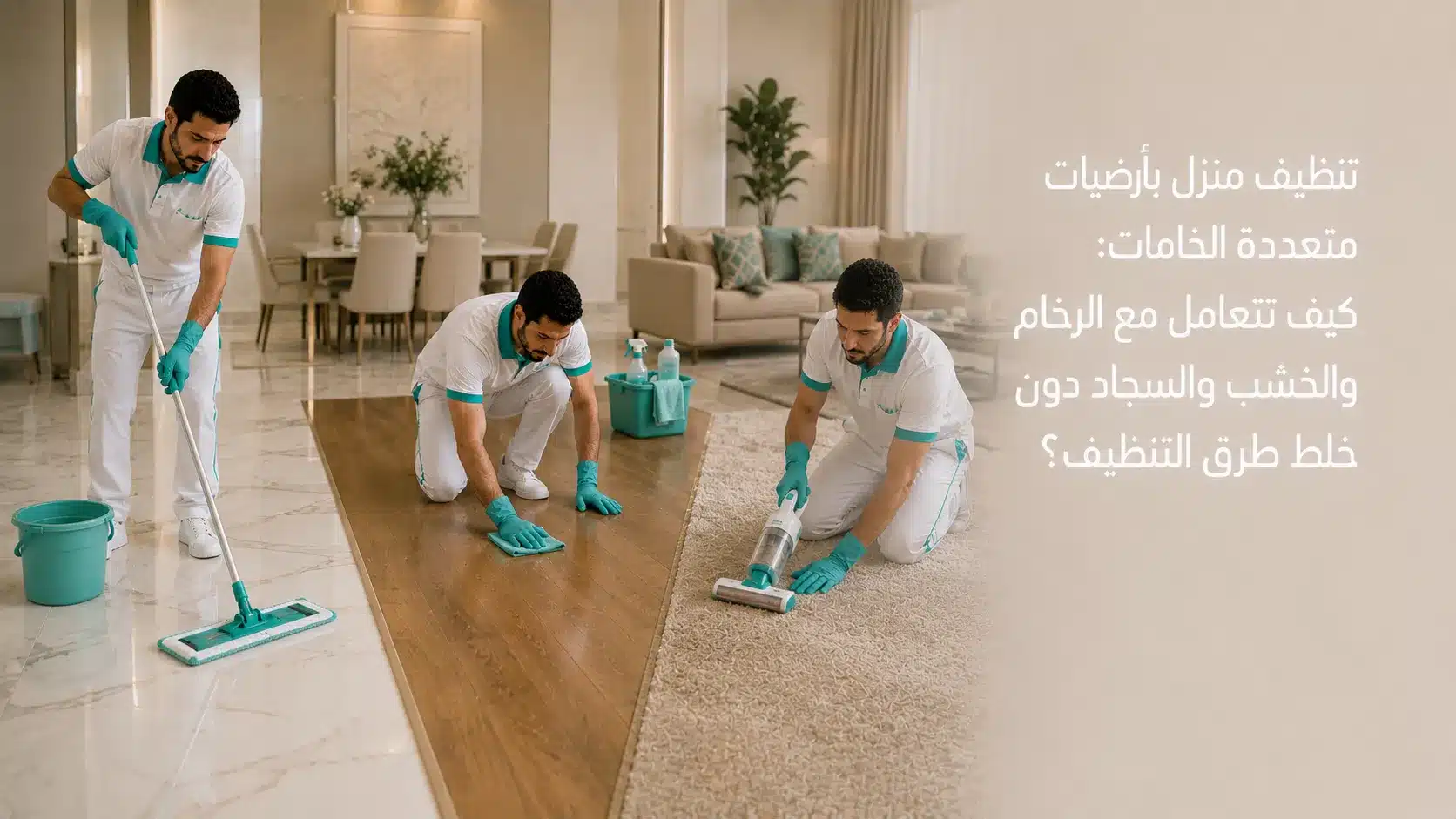 تنظيف منزل بأرضيات متعددة الخامات تشمل الرخام والخشب والسجاد