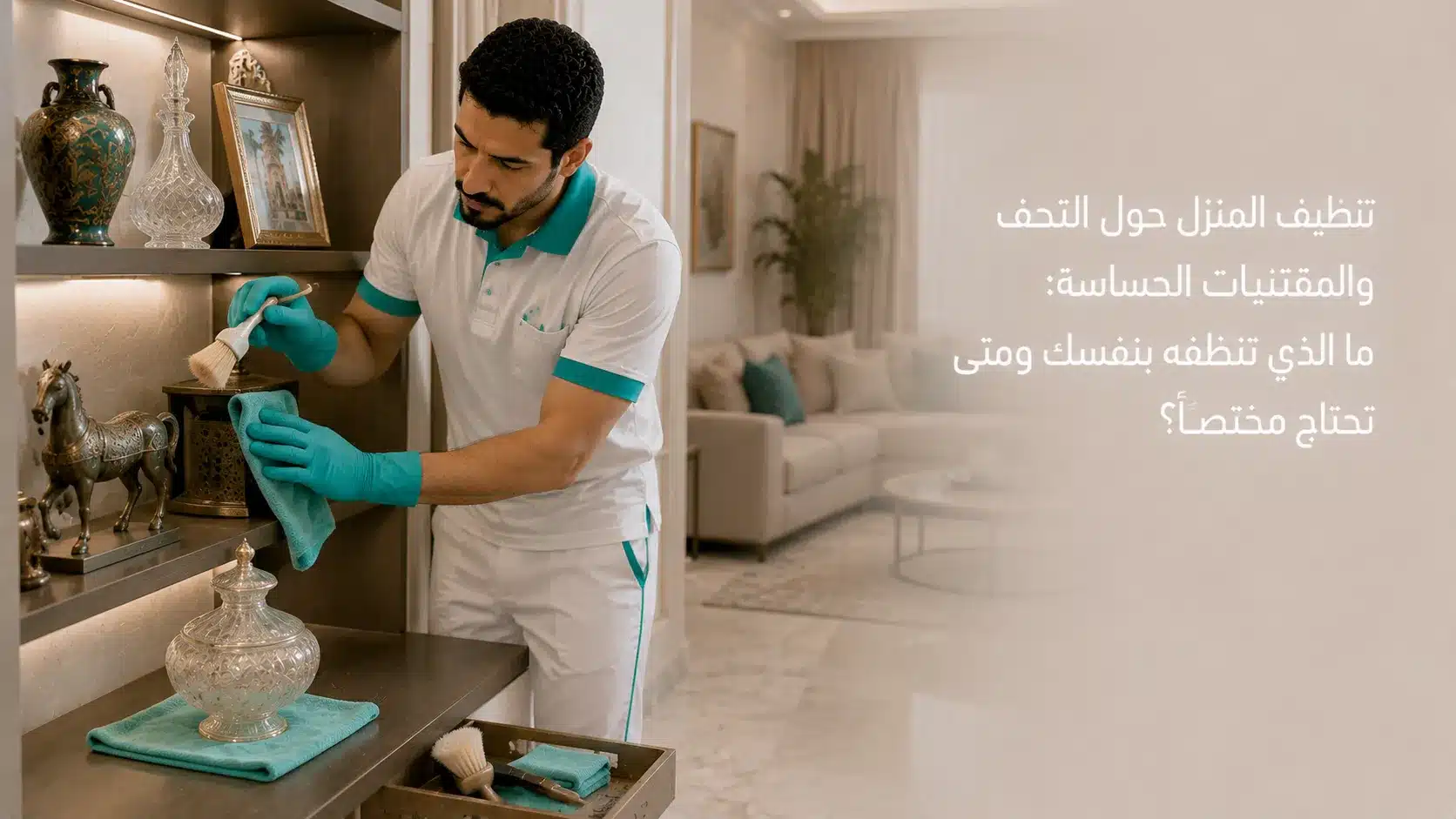 تنظيف المنزل حول التحف والمقتنيات الحساسة باستخدام أدوات ناعمة في الصالة