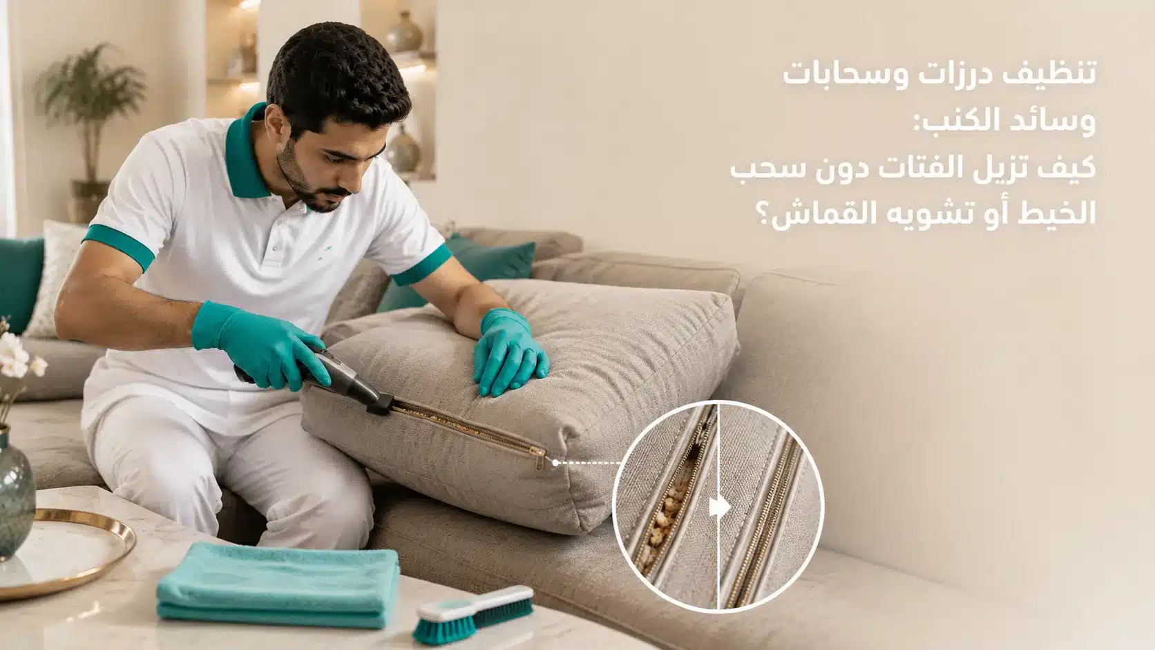 تنظيف درزات وسائد الكنب من الفتات والغبار حول السحّاب