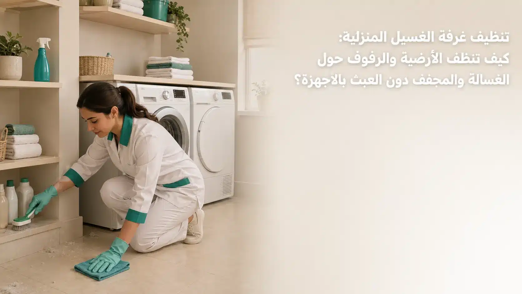 تنظيف غرفة الغسيل المنزلية وترتيب الأرضية والرفوف حول الغسالة والمجفف