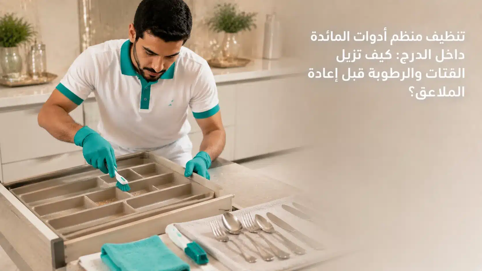 تنظيف منظم أدوات المائدة من الفتات والرطوبة داخل درج المطبخ