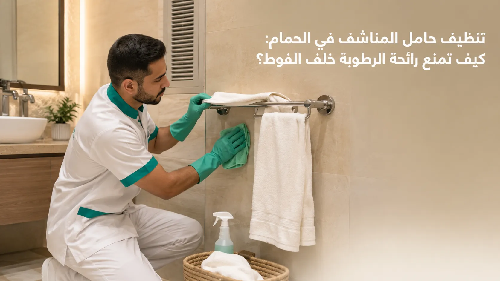 تنظيف حامل المناشف في الحمام من الرطوبة والغبار خلف الفوط