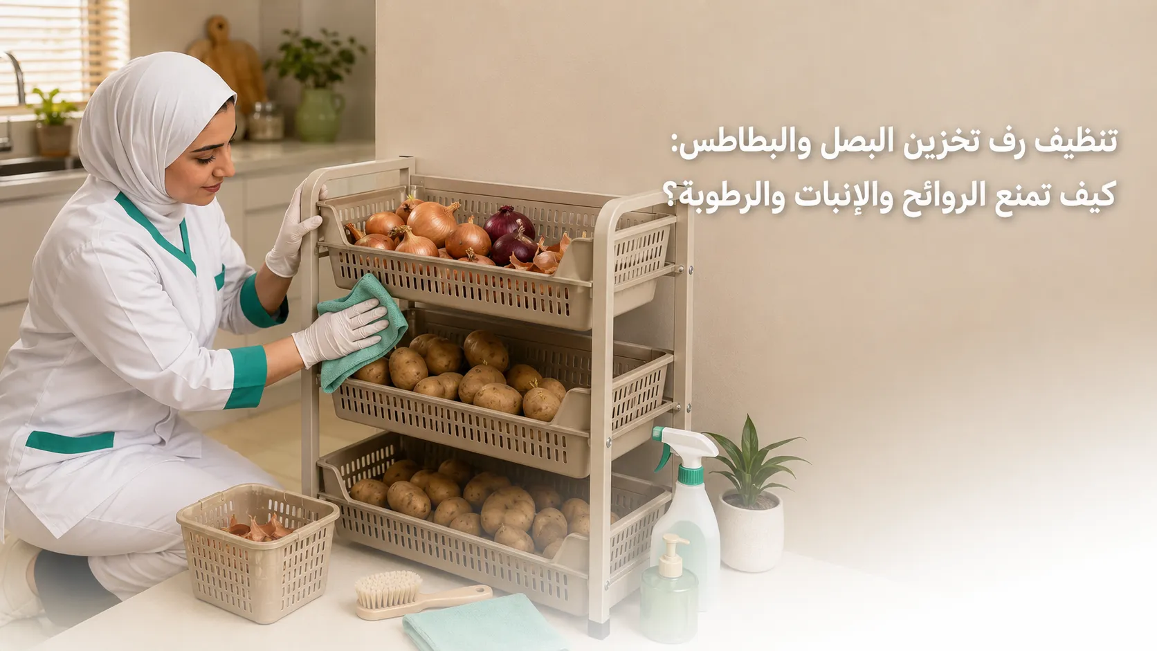 تنظيف رف تخزين البصل والبطاطس من الفتات والرطوبة والروائح