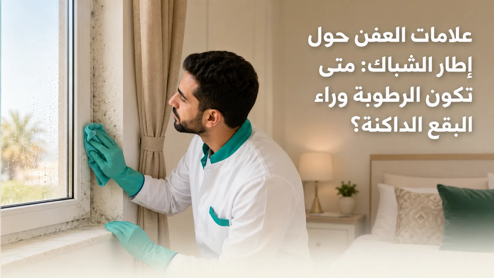 علامات العفن حول الشباك مثل البقع الداكنة على إطار النافذة